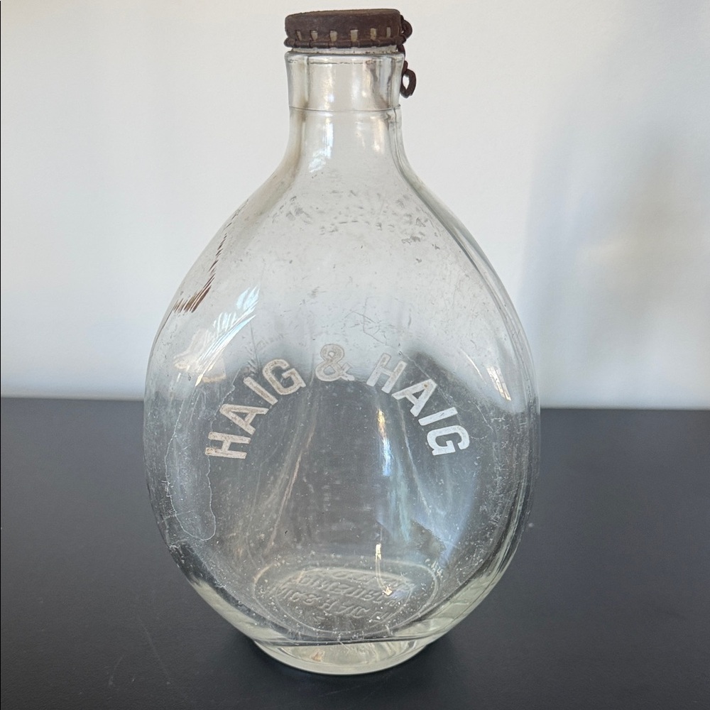 Vintage Haig & Haig Embossed Clear Glass Flask Bottle